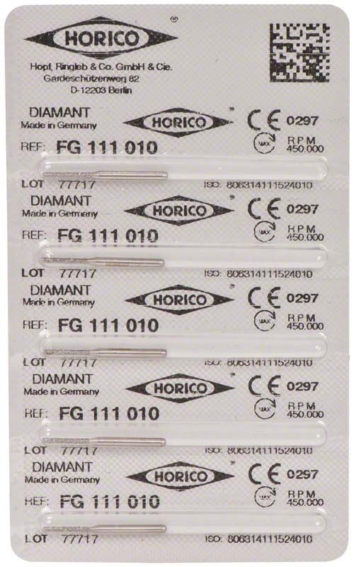 Verpackung von Horico Diamantbohrern, Modell FG 111 010, mit Produkthinweisen.