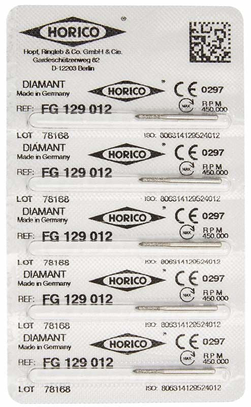 Blisterpackung mit sechs Diamant-FG 129 012 Schleifinstrumenten.