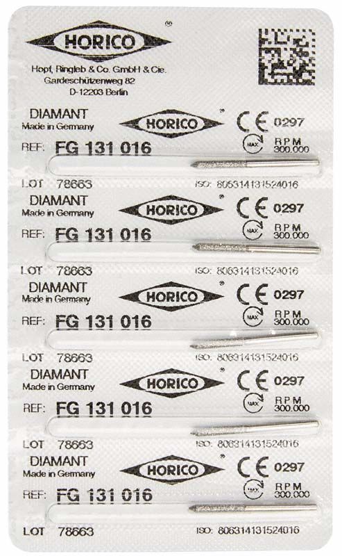 Verpackung mit fünf Diamant-Schleifinstrumenten FG 131 016 von Horico.