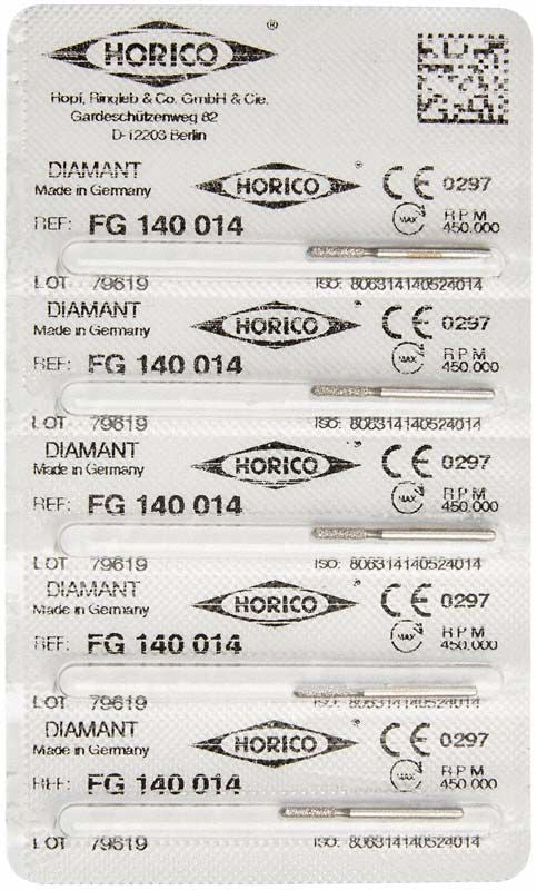 Blisterpackung mit fünf Diamant-Instrumenten FG 140 014 von Horico.