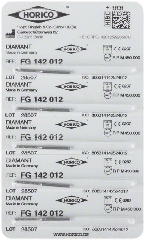 Verpackung mit sechs Diamant FG 142 012 Dentalbohrern.
