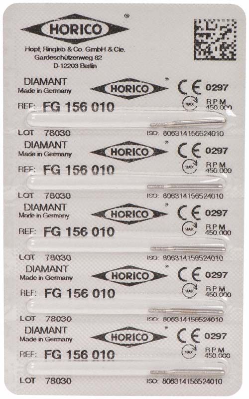 Verpackung von Diamant FG 156 010 Schleifinstrumenten mit CE-Kennzeichnung.