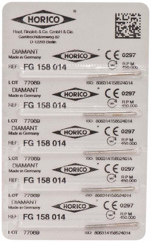 Verpackung von Diamant FG 158 014 Schleifinstrumenten mit CE-Kennzeichnung.
