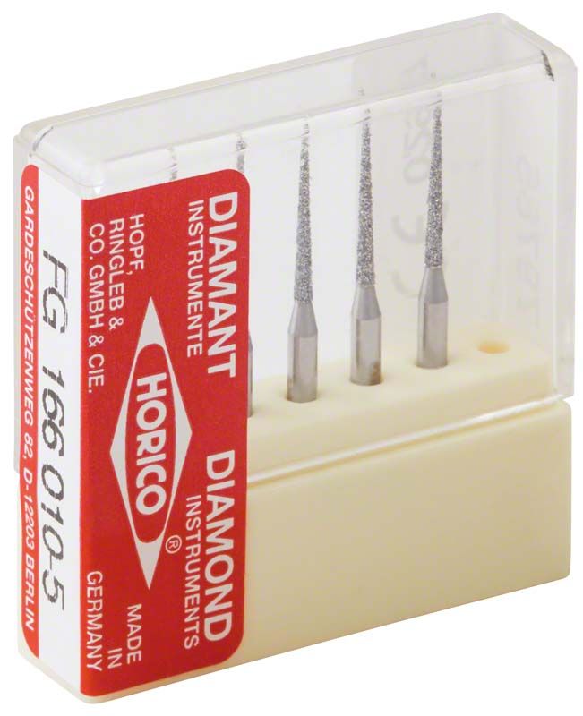 Diamant-Instrument FG 166 010 in Kunststoffverpackung mit drei Schleifköpfen.