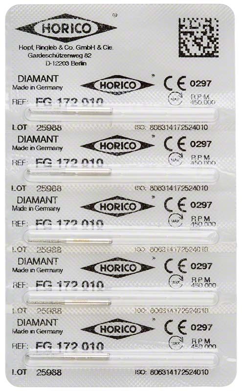 Blisterpackung mit Diamant FG 172 010 Schleifinstrumenten, hergestellt in Deutschland.