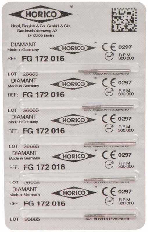 Blisterpackung mit fünf Diamant-FG-172-016-Dentalbohrern von Horico.
