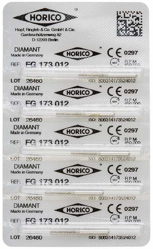 Verpackung von Diamant FG 173 012 Dentalbohrern, sechs Stück, mit Produktinformationen.