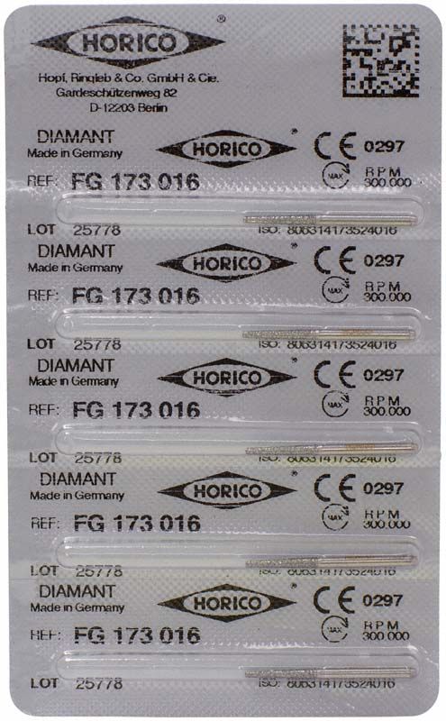 Blisterverpackung mit Diamant FG 173 016 Schleifinstrumenten, fünf Einheiten.