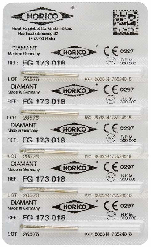 Verpackung mit Diamantbohrern FG 173 018 von Horico, sterilisiert.