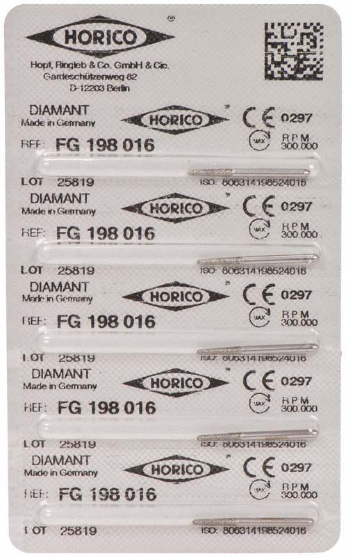 Verpackung von Diamant FG 198 016 Dentalinstrumenten mit CE-Kennzeichnung.