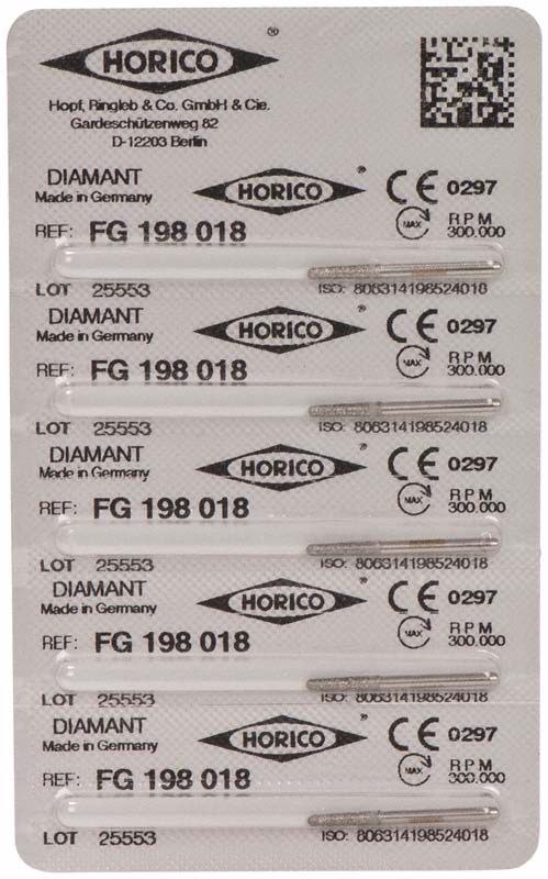 Blisterpackung mit Diamant FG 198 018 Schleifkörpern, fünf Stück.