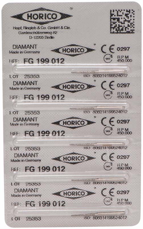 Diamant-FG-199-012-Schleifinstrumente in Originalverpackung mit Herstellerangaben.