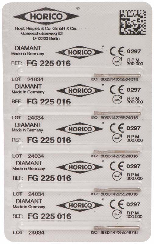 Verpackung mit sechs Diamant-Schleifkörpern, Modell FG 225 016, von Horico.