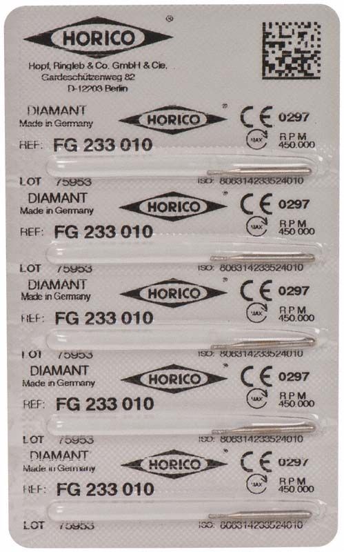 Verpackung mit fünf Diamantfräsern, Modell FG 233 010, von Horico.