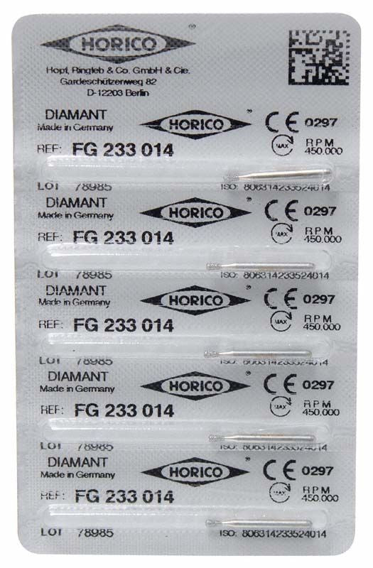 Verpackung von Diamant FG 233 014 Dentalbohrer mit CE-Kennzeichnung.
