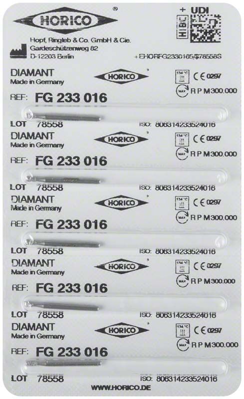 Diamantbohrer FG 233 016 auf Blisterverpackung mit Herstellerinformationen.