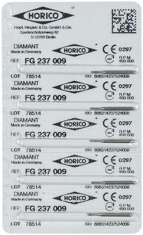 Blisterpackung mit sechs Diamant-FG-237-009-Schleifkörpern von Horico.