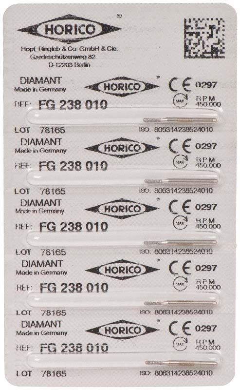 Blisterverpackung mit Diamantschleifer FG 238 010 für Zahnarztbedarf.