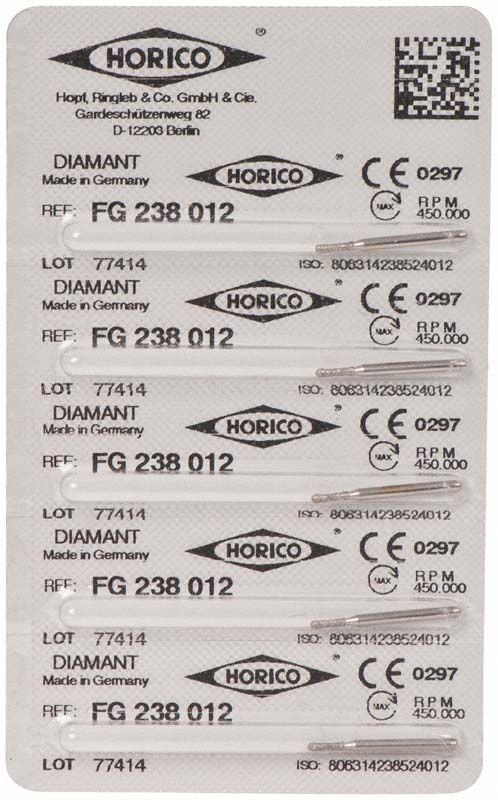 Verpackung des Diamantschleifers FG 238 012 von Horico mit CE-Kennzeichnung.