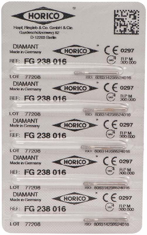 Verpackung von Diamant FG 238 016 Zahntechnik-Schleifern mit Produktdetails.