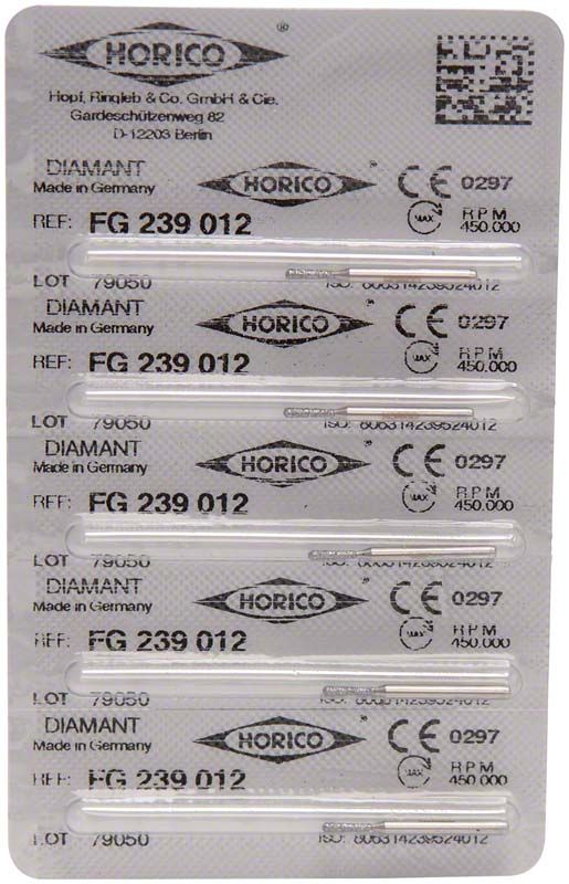 Blisterverpackung mit fünf Diamantschleifern FG 239 012 für Zahnmedizin.