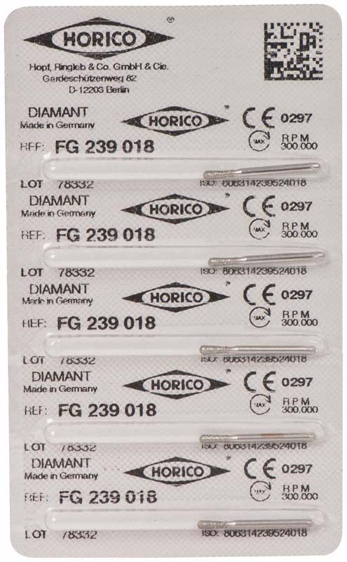 Verpackung von Diamant FG 239 018 Zahnschleifern mit CE-Kennzeichnung.
