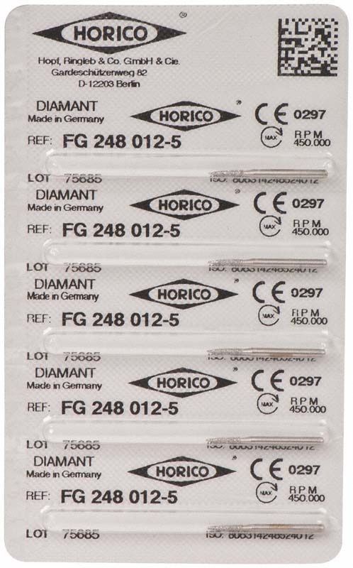 Blisterverpackung mit Diamant FG 248 012 Schleifinstrumenten von Horico.