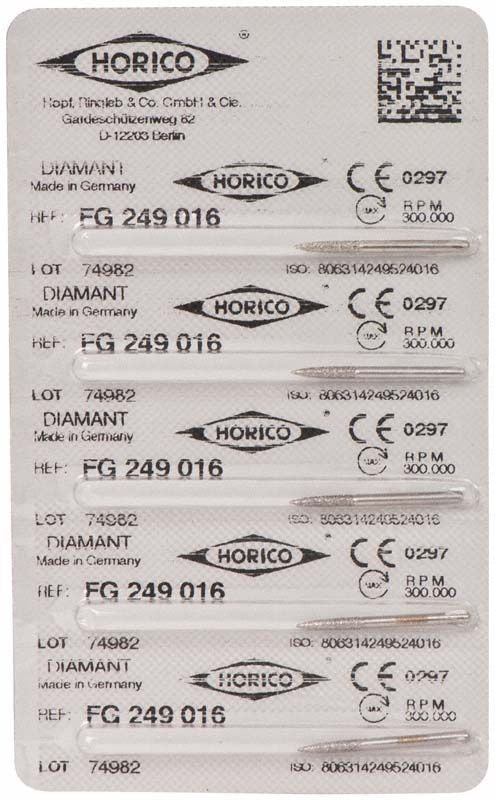 Blisterpackung mit fünf Diamant FG 249 016 Schleifkörpern.