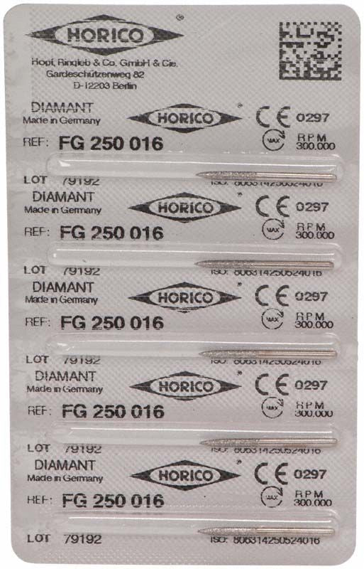 Blisterverpackung mit fünf Diamantbohrern FG 250 016 von Horico.