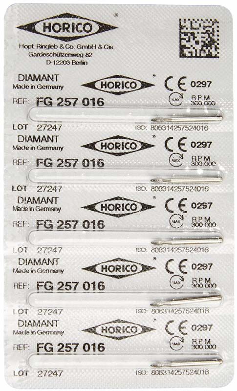 Sechs Horico Diamantinstrumente FG 257 016 in Blisterverpackung.