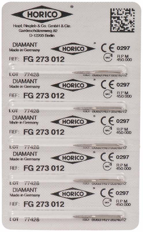 Blisterpackung mit fünf Diamant-FG 273 012 Schleifköpfen von Horico.
