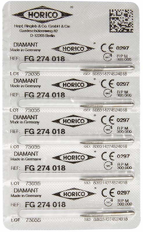 Blisterpackung mit Diamant FG 274 018 Dentalinstrumenten von Horico.
