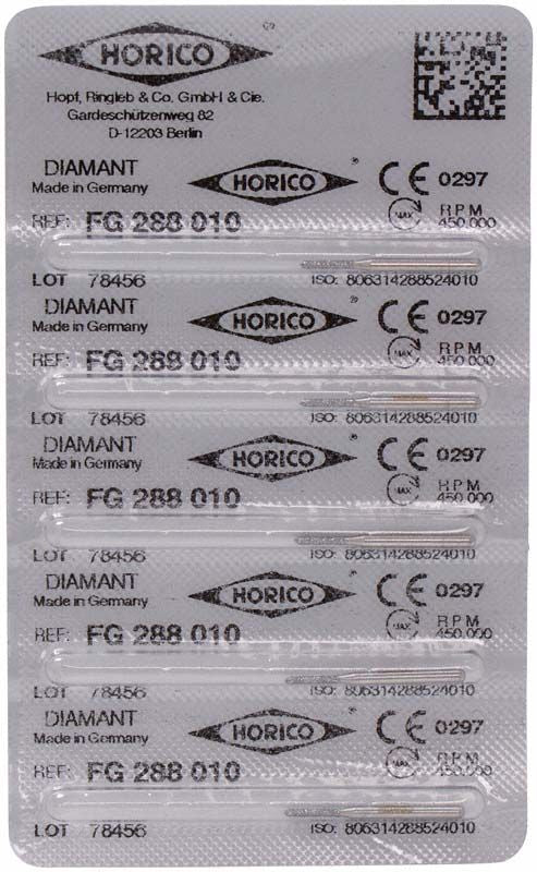 Blisterverpackung mit Diamant FG 288 010 Schleifkörpern von Horico.