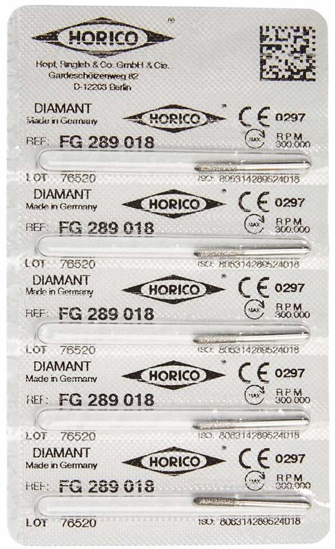 Blisterpackung mit Diamant FG 289 018 Schleifstiften, Marke Horico.