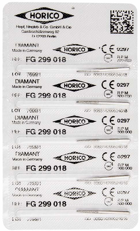 Blisterpackung mit Diamant FG 299 018 Schleifkörpern von Horico.