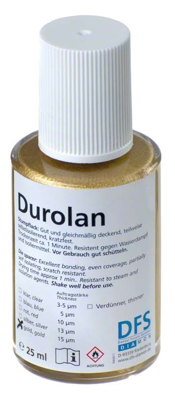 Durolan Gold 15µ Sprühflasche mit Etikett und Sicherheitsinformationen.