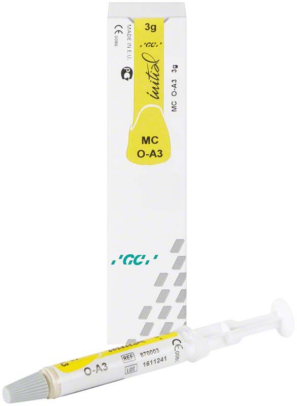 GC Initial MC Paste Opaque OA3 in Spritze mit Verpackung.