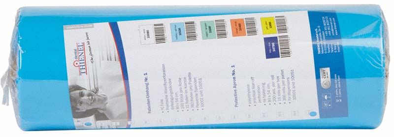 Patienten-Umhang Nr.1 hellblau auf Rolle mit Etikett und Produktinformationen.