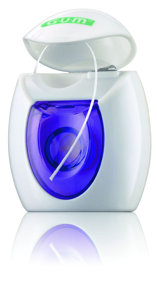 GUM® EXPANDING FLOSS Zahnseide im weißen Spender mit blauem Sichtfenster.