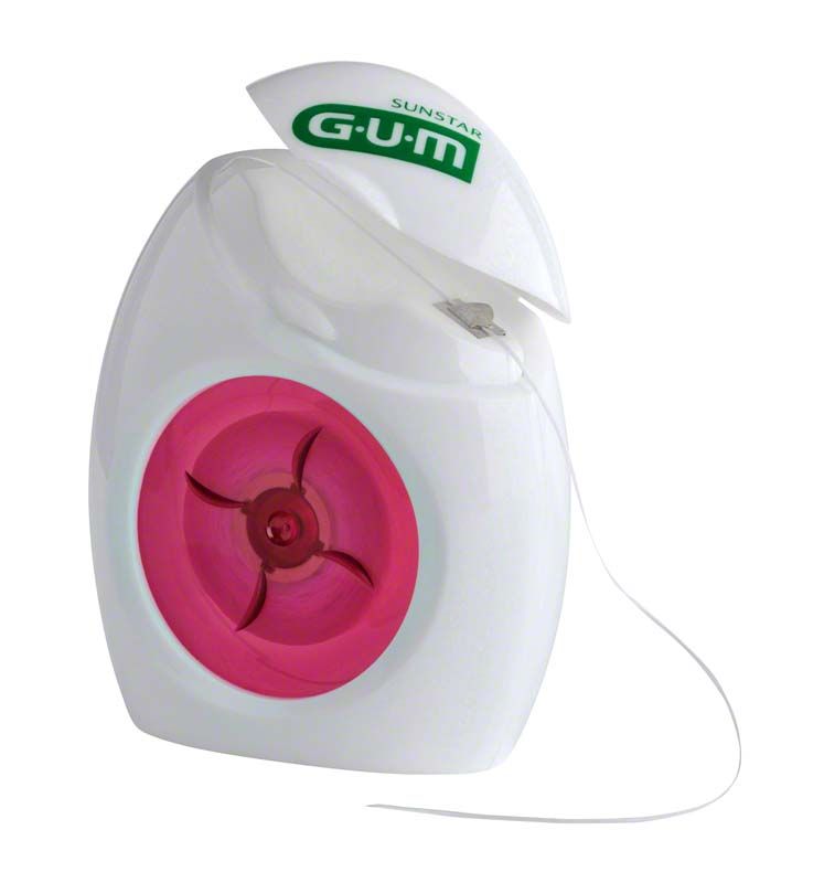GUM®BUTLERWEAVE® Zahnseide mit geöffneter Abdeckung und sichtbarer Spule.