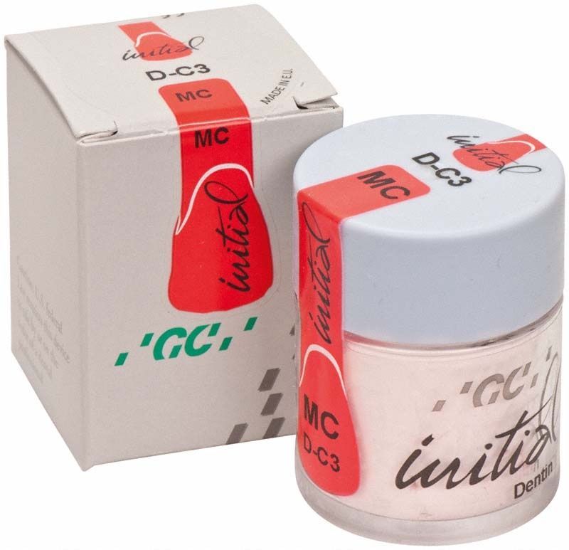 GC Initial MC Dentin 20g DC3 mit Verpackung und Glasbehälter.