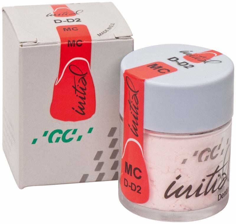 Glasbehälter mit GC Initial MC Dentin DD2 Pulver und Verpackung.