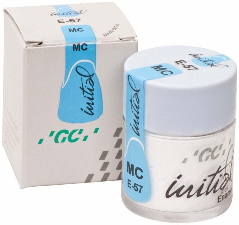 GC Initial MC Zahnschmelzpulver E-57 im Glasbehälter mit Verpackung.