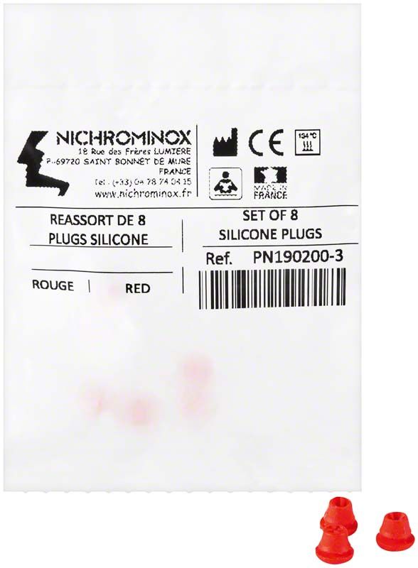 Rote Silikon-Einsätze für Dentalbohrer mit Verpackung.