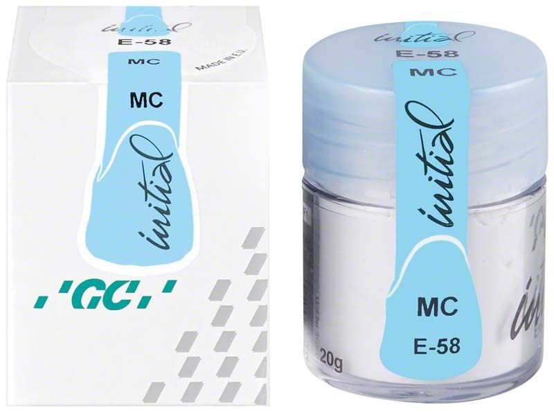 GC Initial MC Enamel E-58, 20g Keramikmasse in Verpackung und Glas.