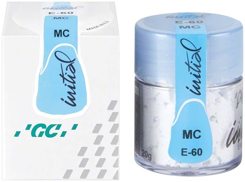 GC Initial MC Enamel 20g E-60 Keramikmasse im Glasbehälter und Verpackung.