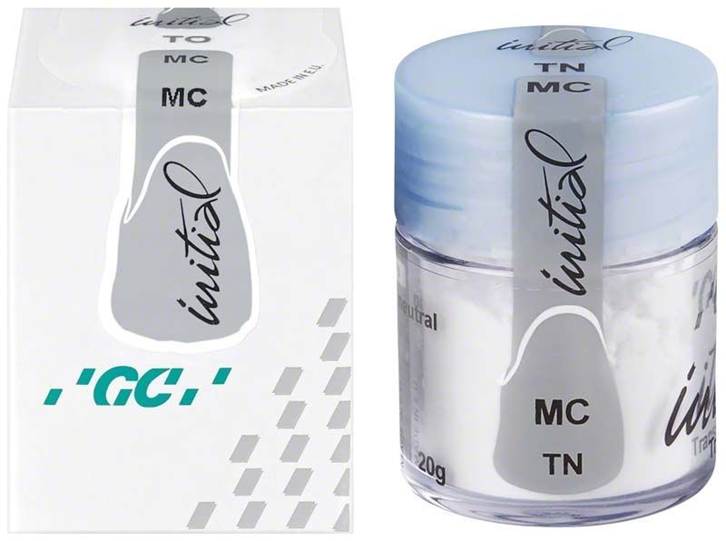 GC Initial MC Translucent 20g Zahntechnische Keramik in Glasbehälter und Verpackung.