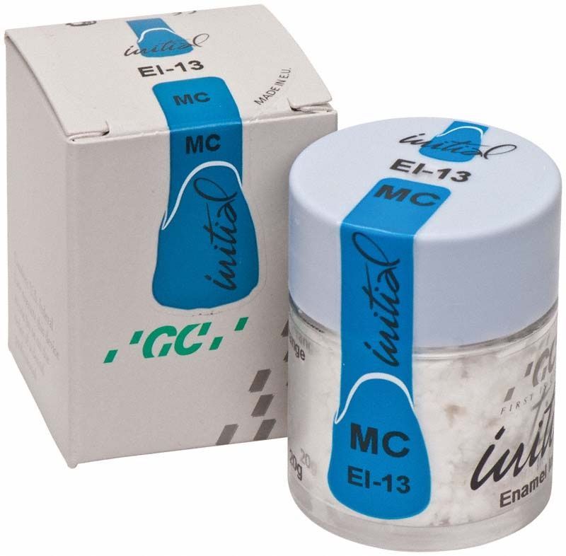 Glasbehälter mit GC Initial MC Enamel Intensive EI-13 und Verpackung.
