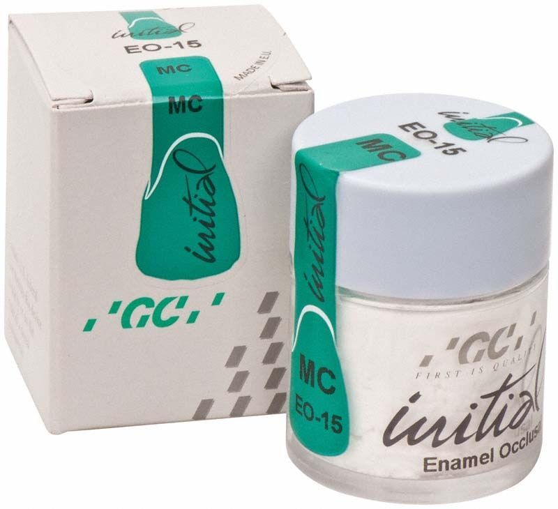 GC Initial MC Enamel Occlusal 20g in weißem Tiegel mit Verpackung.