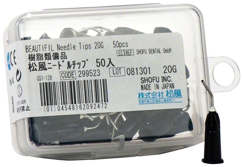 Kunststoffbox mit 50 BEAUTIFIL Flow Needle Tips und Applikationskanülen.